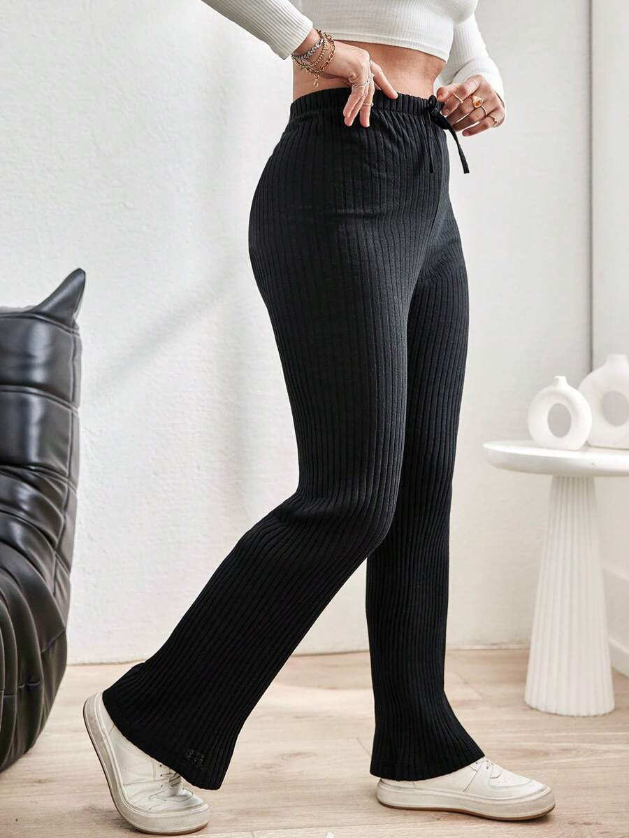 EURMUSE Plus Elastic Waist Rib-knit Flare Leg Pants