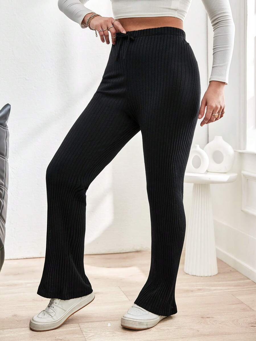 EURMUSE Plus Elastic Waist Rib-knit Flare Leg Pants
