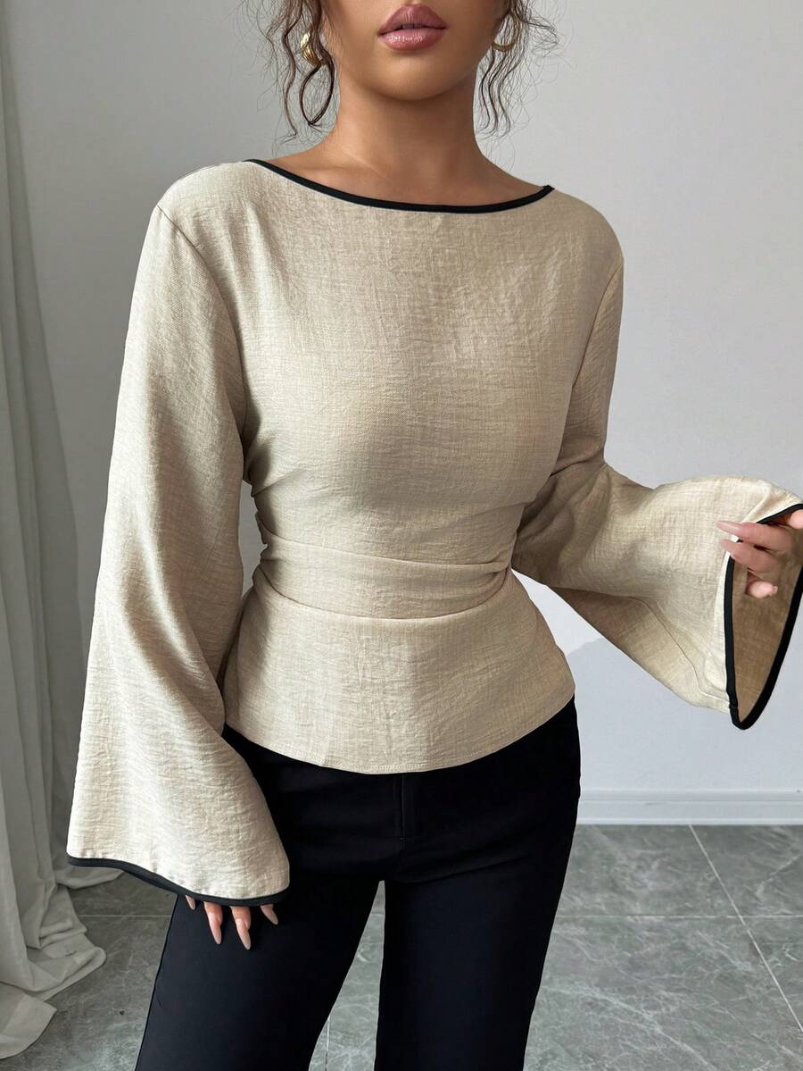 Siren Gaze Blusa feminina plissada com decote redondo e punhos com babados e manga flare