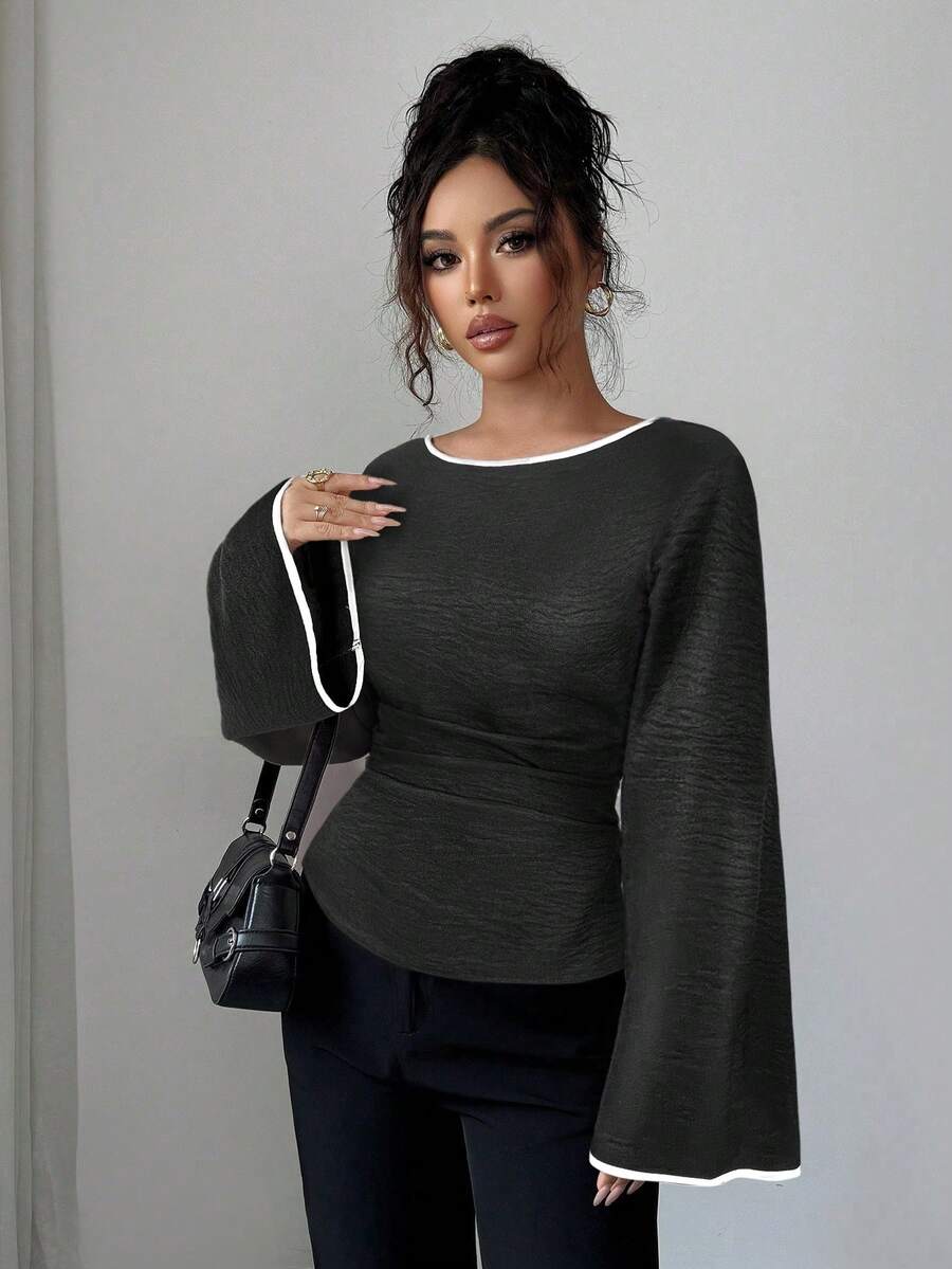 Siren Gaze Blusa feminina plissada com decote redondo e punhos com babados e manga flare