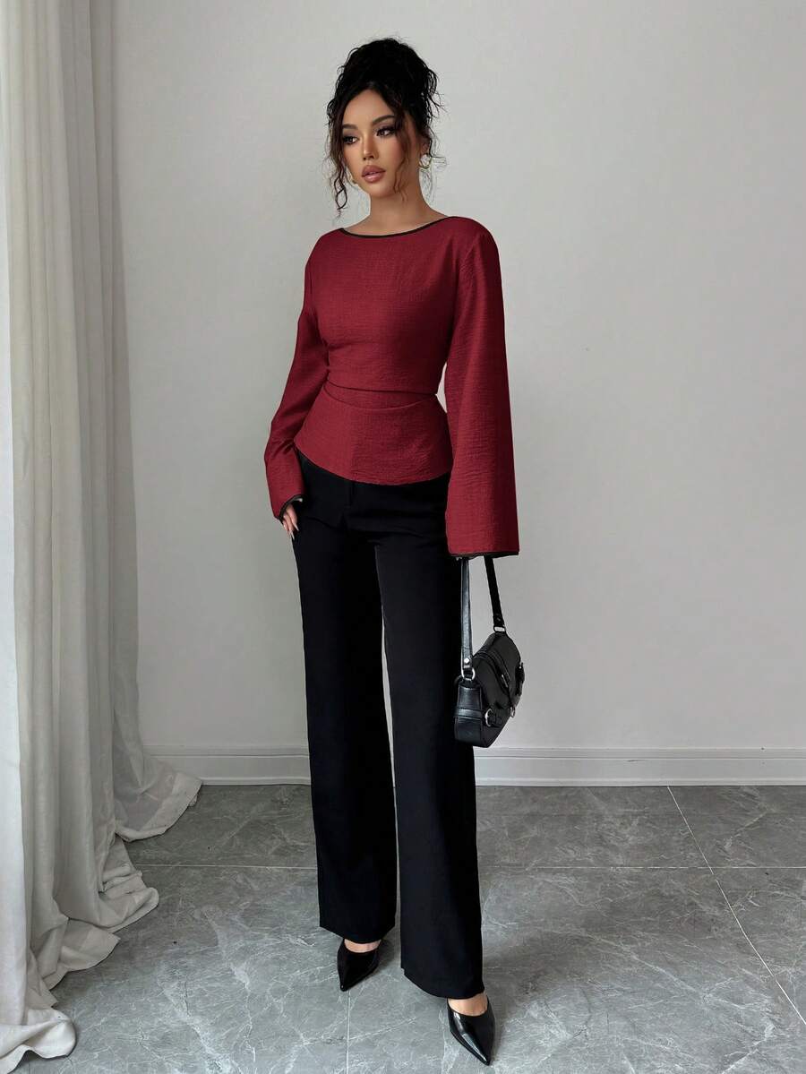 Siren Gaze Blusa feminina plissada com decote redondo e punhos com babados e manga flare