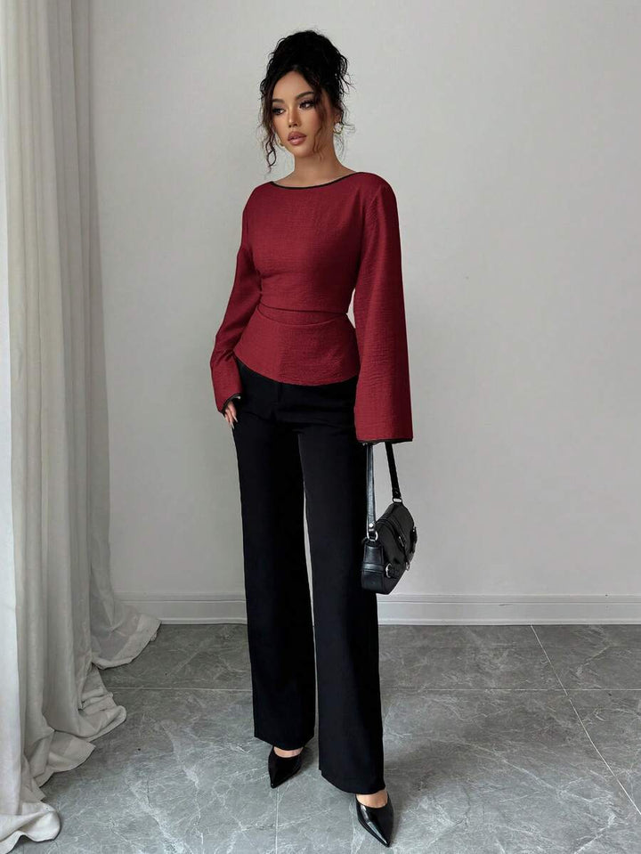 Siren Gaze Blusa feminina plissada com decote redondo e punhos com babados e manga flare