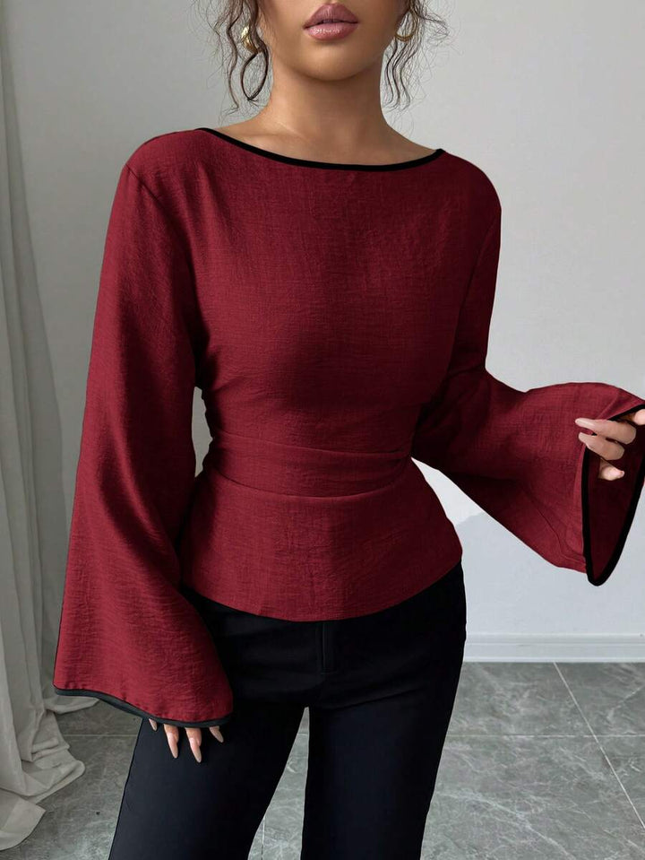 Siren Gaze Blusa feminina plissada com decote redondo e punhos com babados e manga flare
