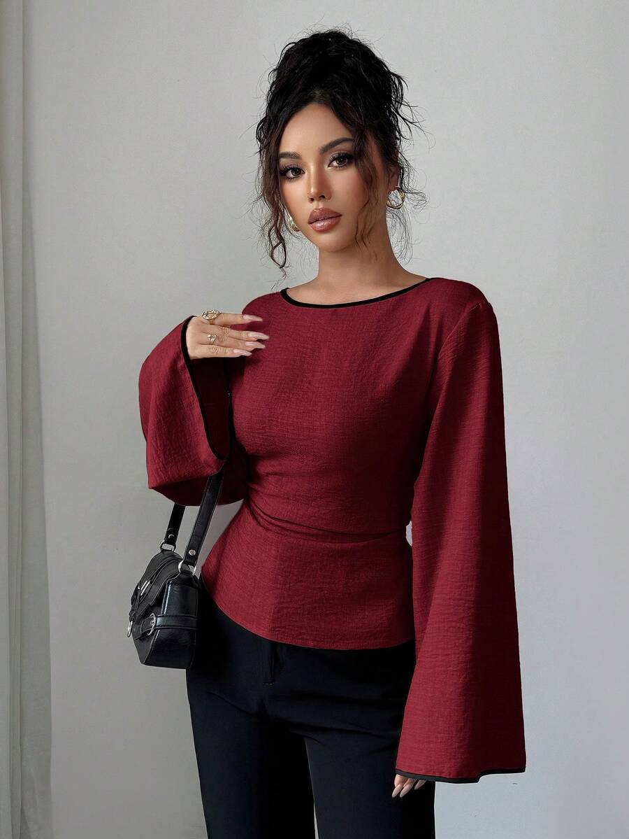 Siren Gaze Blusa feminina plissada com decote redondo e punhos com babados e manga flare