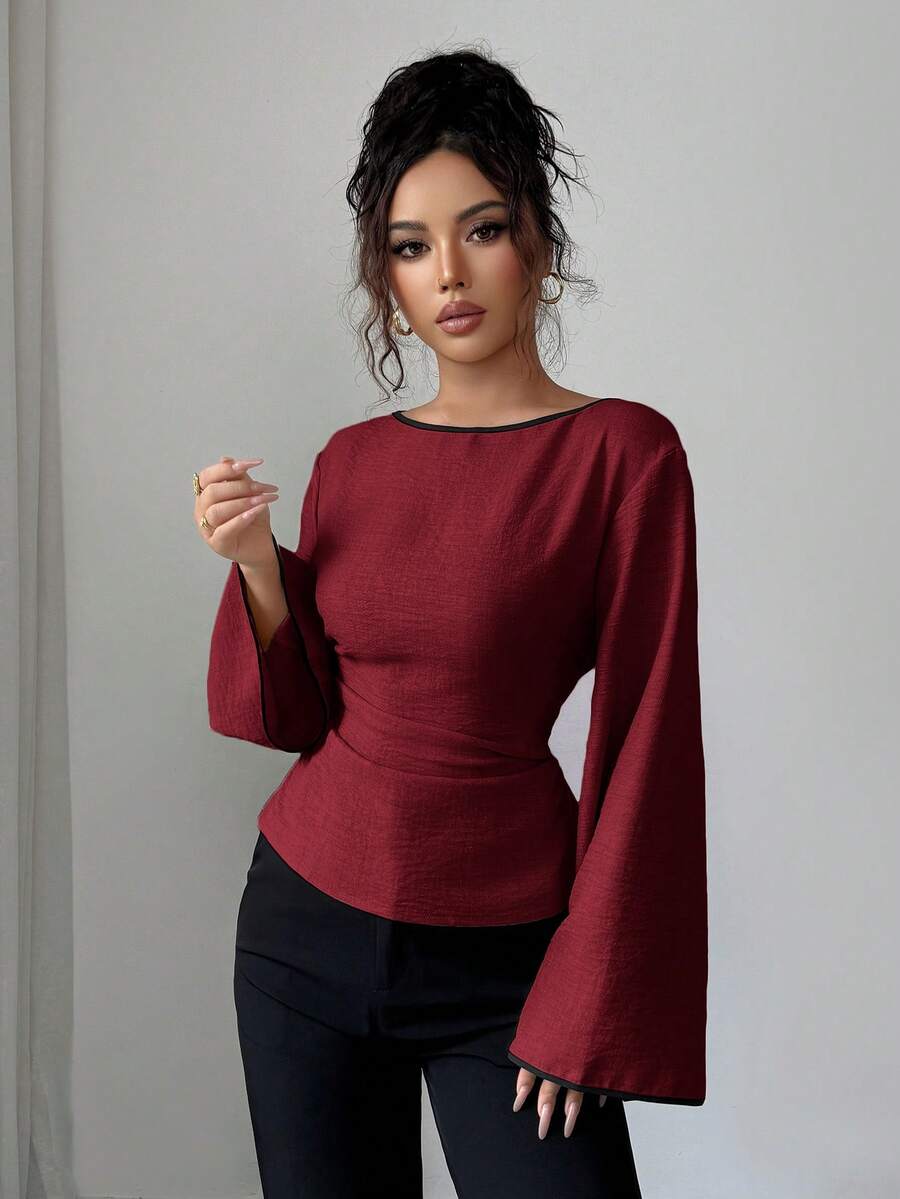 Siren Gaze Blusa feminina plissada com decote redondo e punhos com babados e manga flare