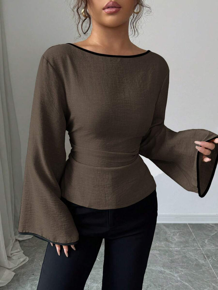 Siren Gaze Blusa feminina plissada com decote redondo e punhos com babados e manga flare