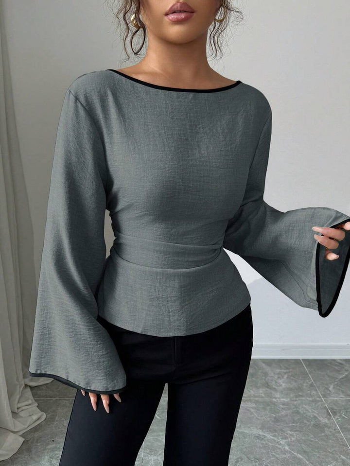 Siren Gaze Blusa feminina plissada com decote redondo e punhos com babados e manga flare