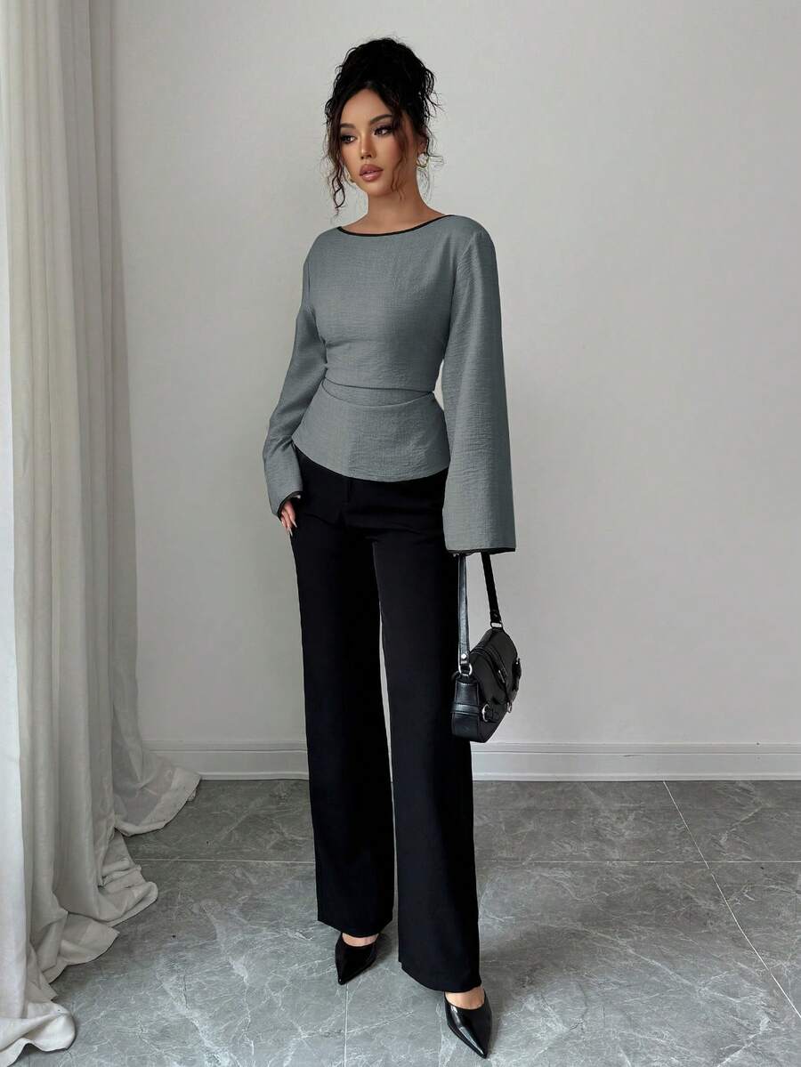 Siren Gaze Blusa feminina plissada com decote redondo e punhos com babados e manga flare