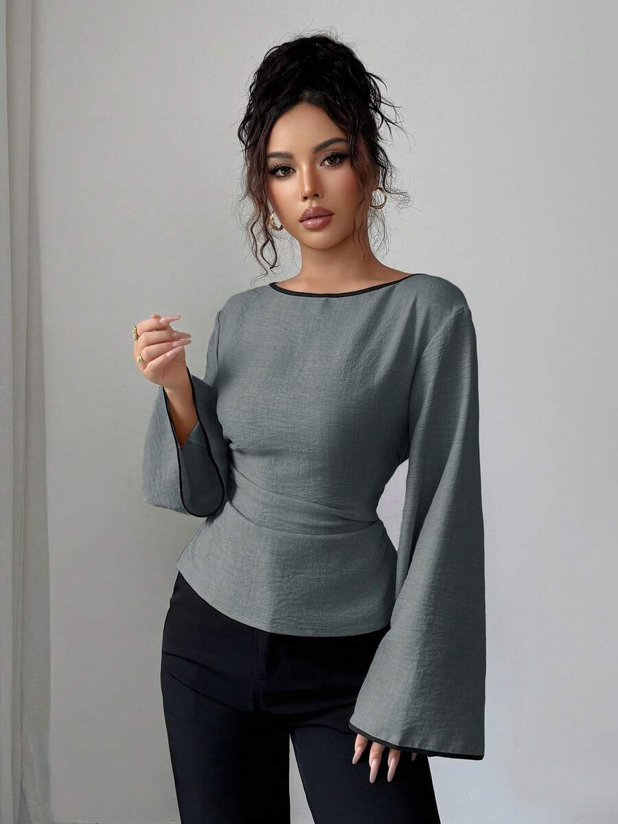 Siren Gaze Blusa feminina plissada com decote redondo e punhos com babados e manga flare